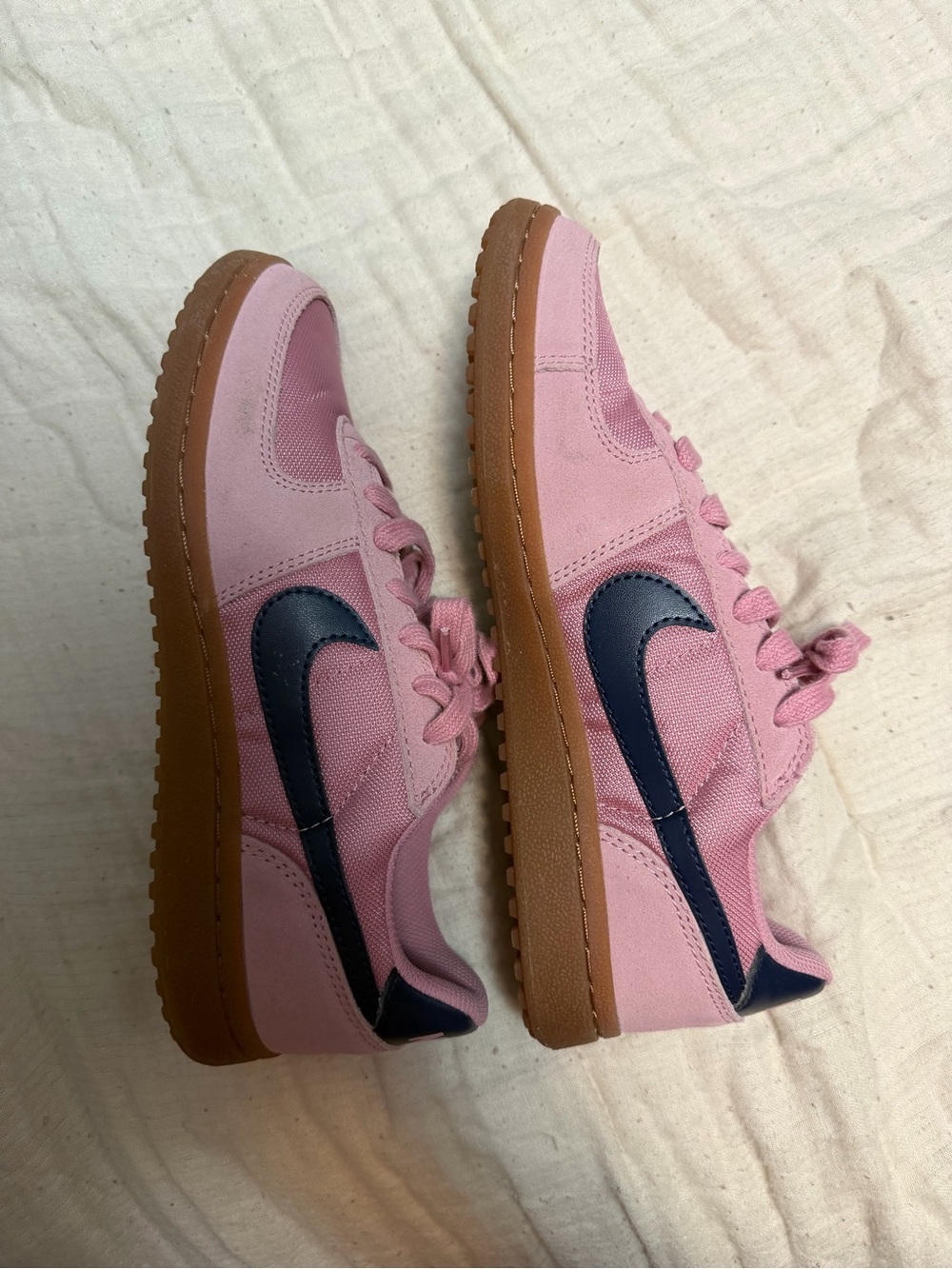 Nike Kids Pink Sneakers with Navy Swoosh and Gum Sole